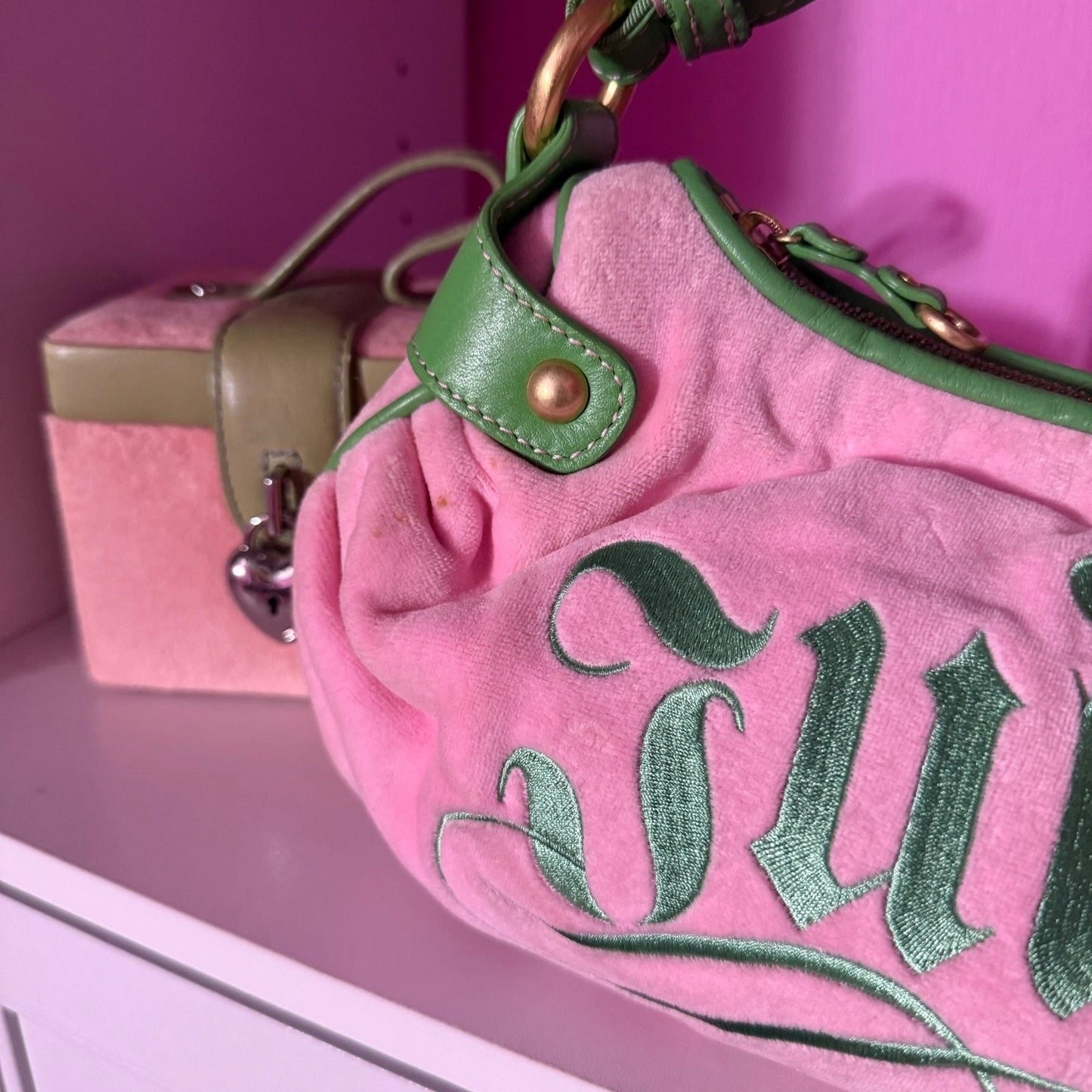RARE vintage juicy couture pink and green hobo shoulder hand bag purse with ring