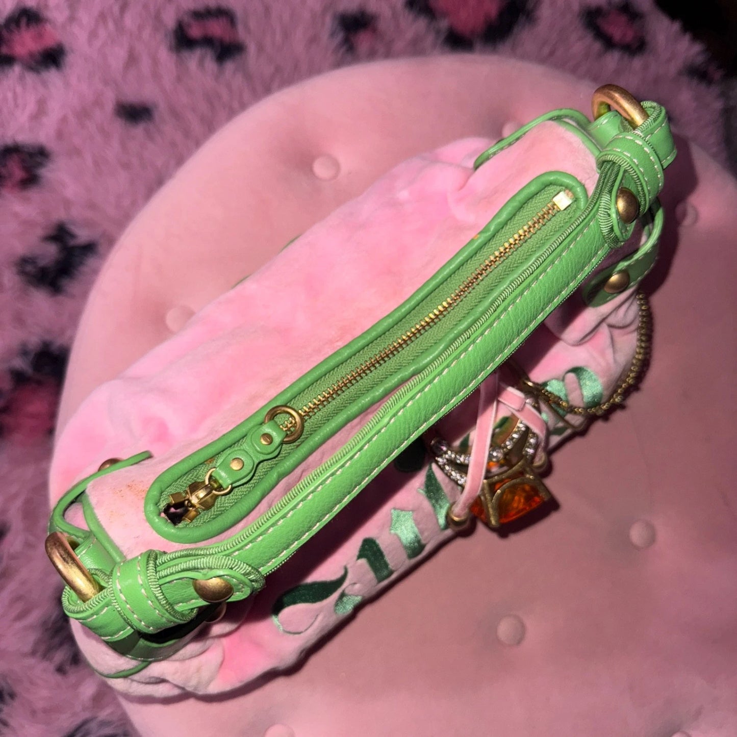 RARE vintage juicy couture pink and green hobo shoulder hand bag purse with ring