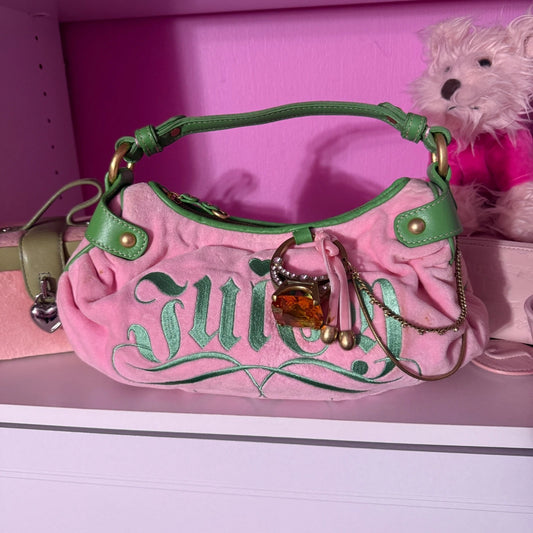 RARE vintage juicy couture pink and green hobo shoulder hand bag purse with ring