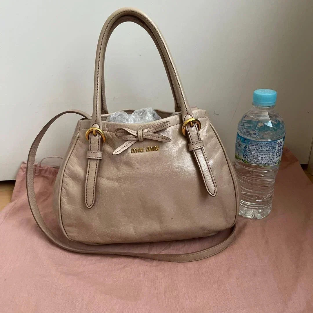 MIU MIU Vitello Shine 2WAY Bow Handbag Shoulder Bag Pink Beige Leather Used Auth