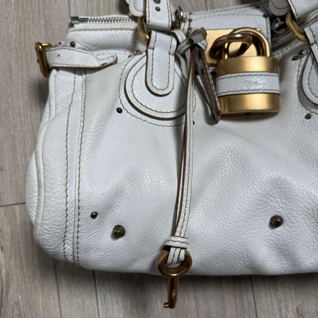 Chloe Paddington Padlock Cadena Hand Bag Boston Bag Shoulder Bag White Auth