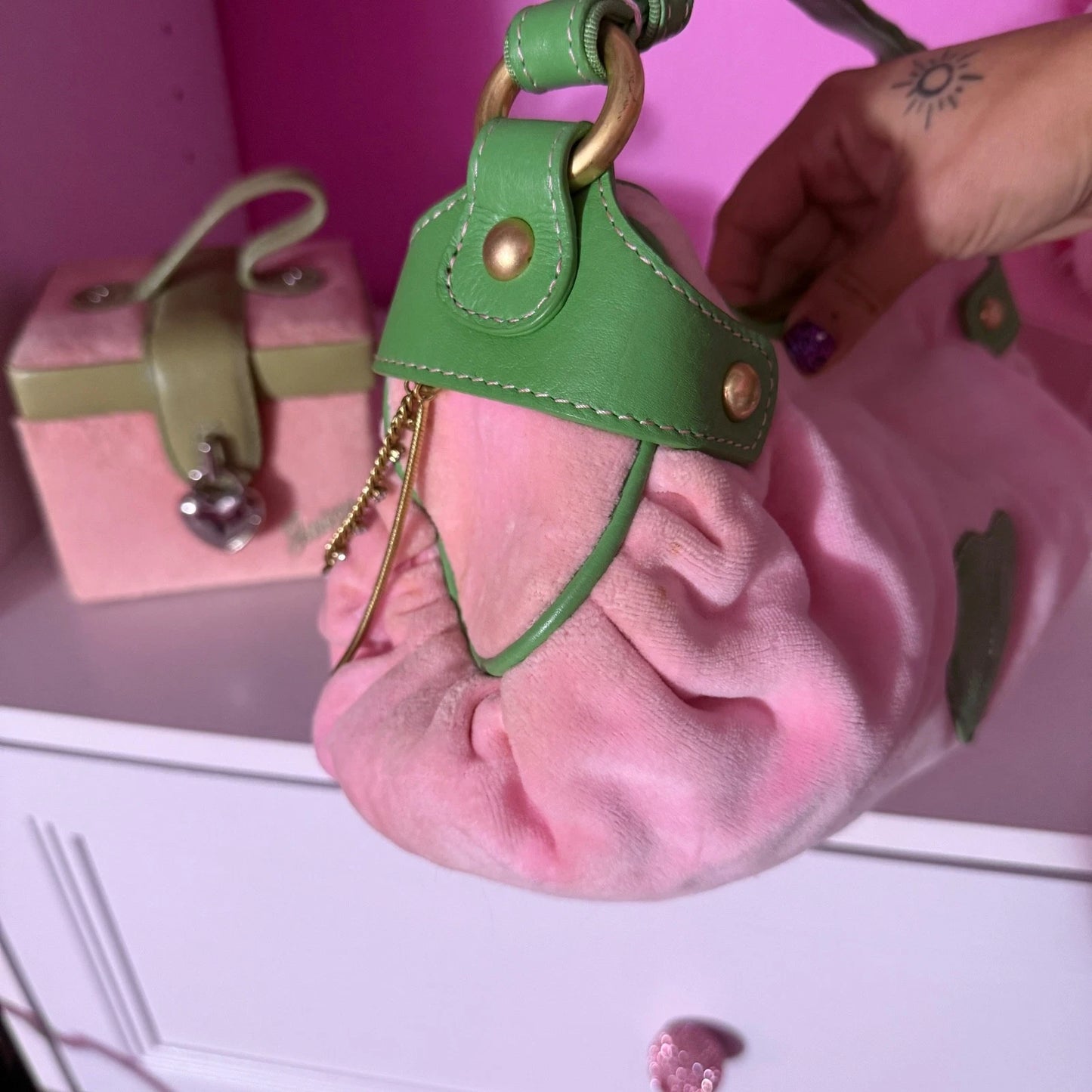 RARE vintage juicy couture pink and green hobo shoulder hand bag purse with ring