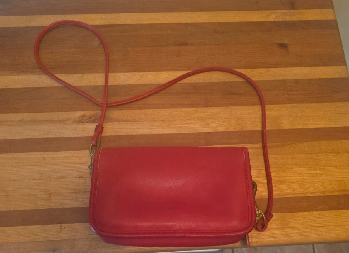 Vintage Red Dinky Crossbody Coach Bag. Made in New York City USA, 70s