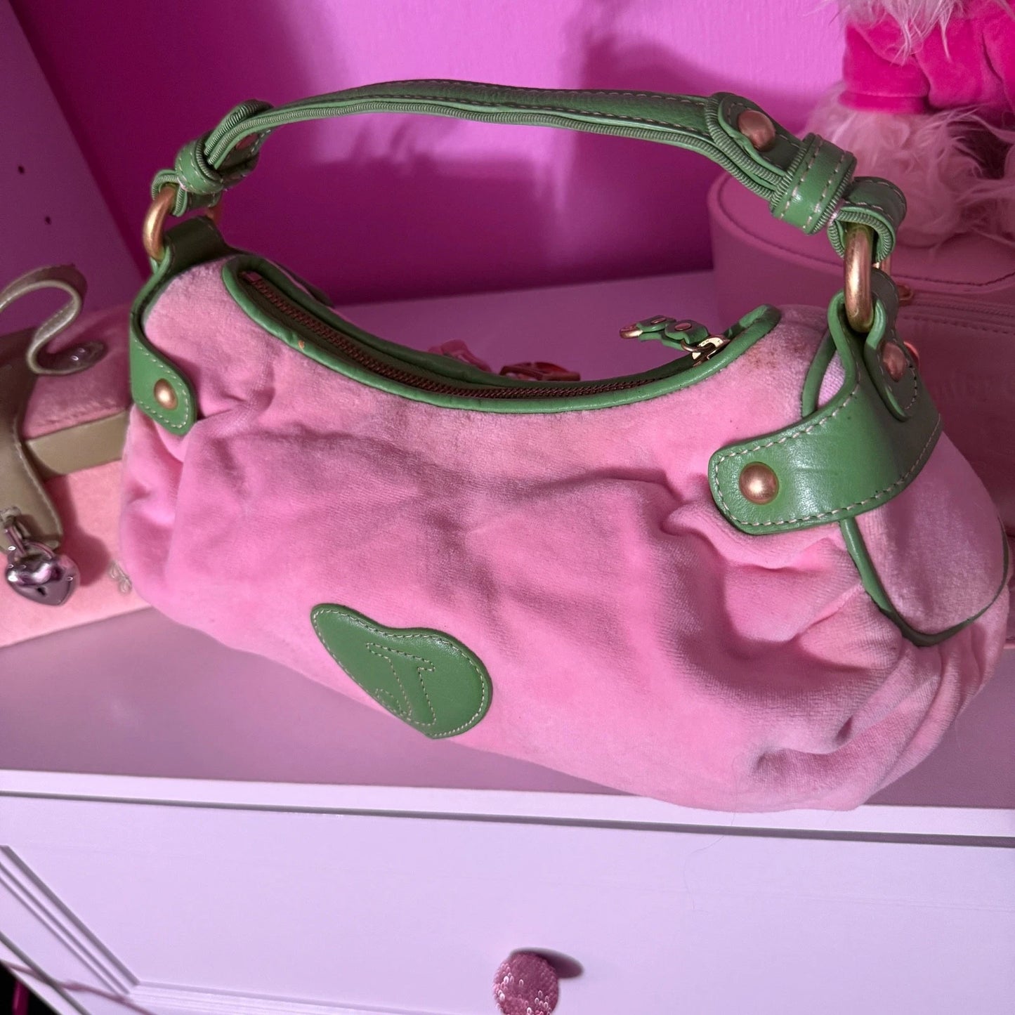 RARE vintage juicy couture pink and green hobo shoulder hand bag purse with ring