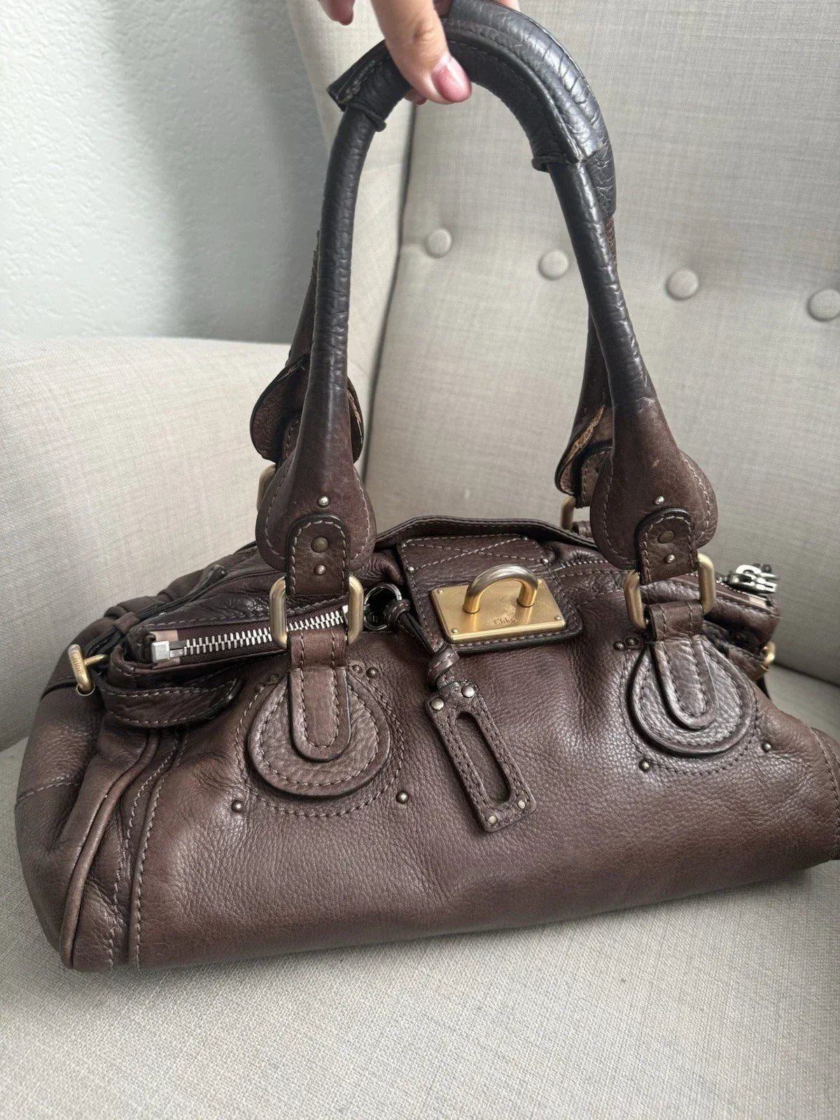 Chloe Paddington Leather Hand Bag Dark Brown Medium Padlock Key Vintage