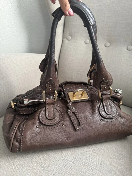 Chloe Paddington Leather Hand Bag Dark Brown Medium Padlock Key Vintage