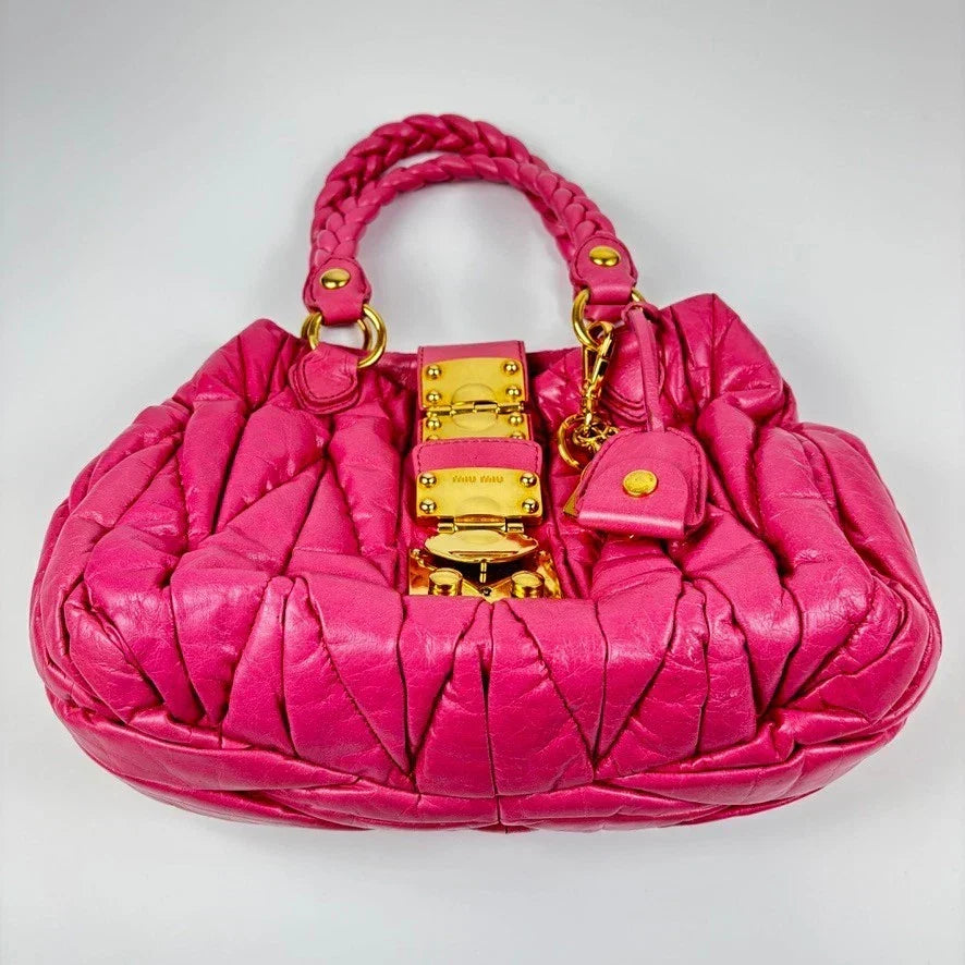 Auth Miu Miu Matelasse Hand Bag Leather 2way Pink Gold t99