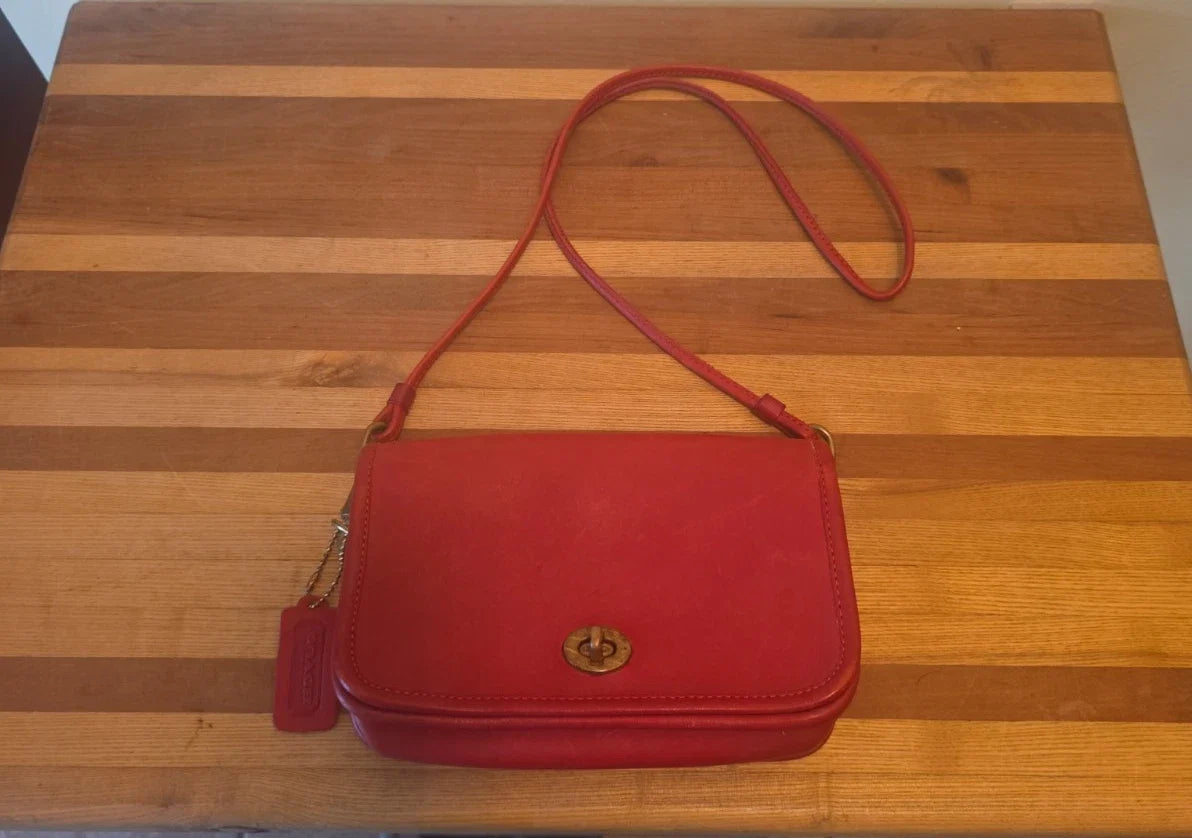 Vintage Red Dinky Crossbody Coach Bag. Made in New York City USA, 70s