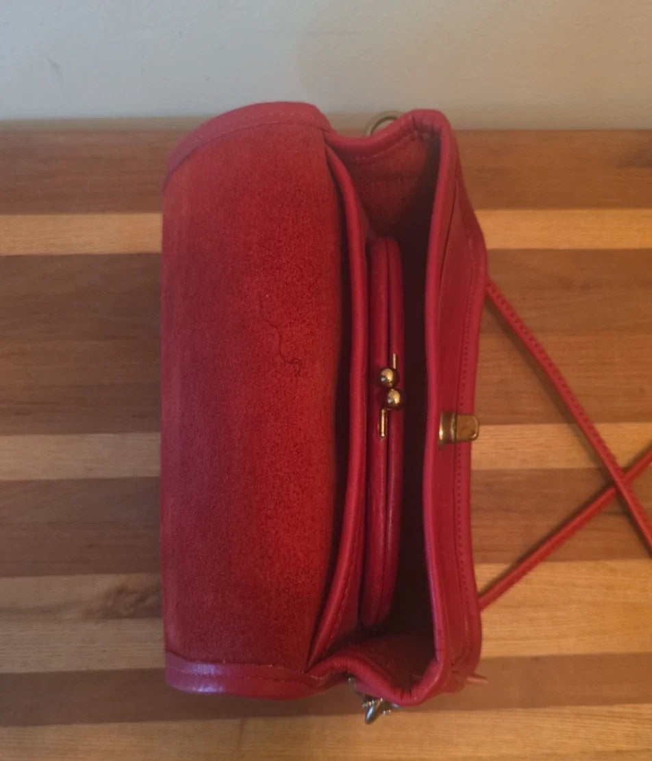 Vintage Red Dinky Crossbody Coach Bag. Made in New York City USA, 70s