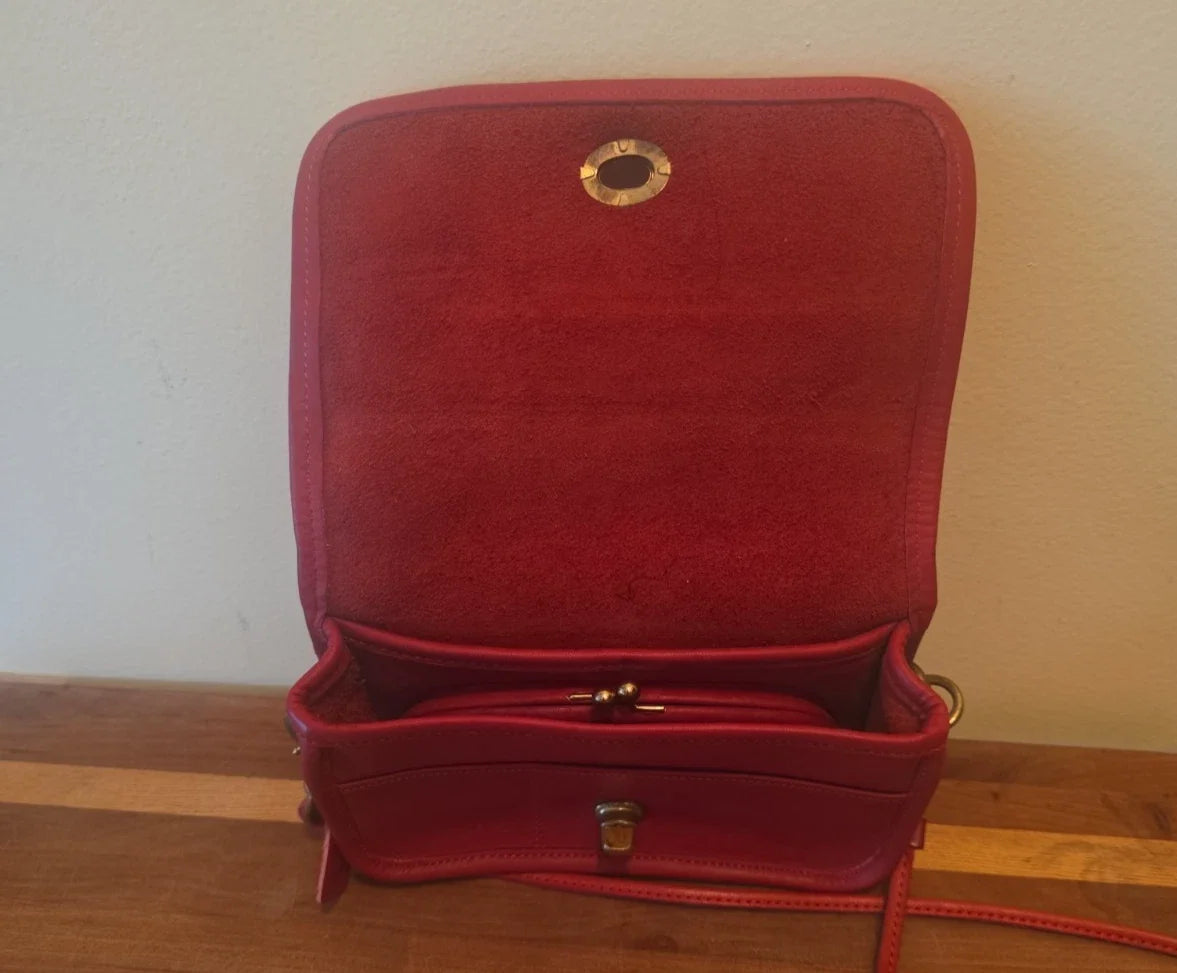 Vintage Red Dinky Crossbody Coach Bag. Made in New York City USA, 70s