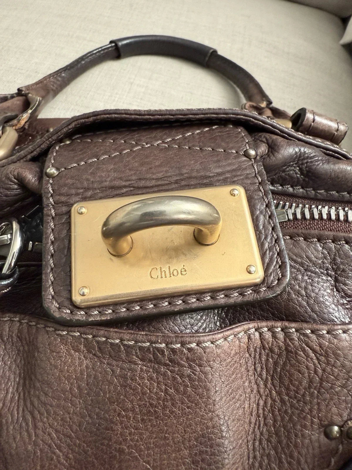 Chloe Paddington Leather Hand Bag Dark Brown Medium Padlock Key Vintage