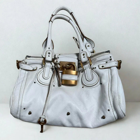 Chloe Paddington Padlock Cadena Hand Bag Boston Bag Shoulder Bag White Auth