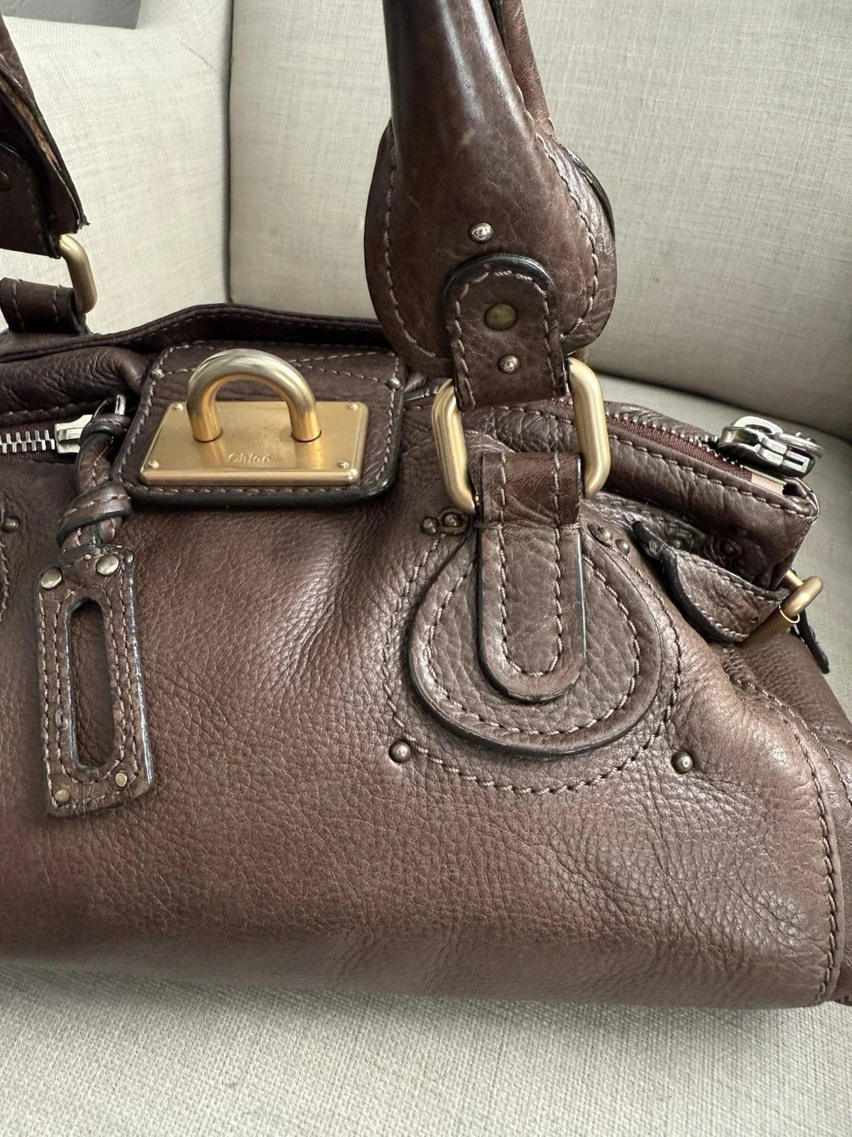 Chloe Paddington Leather Hand Bag Dark Brown Medium Padlock Key Vintage